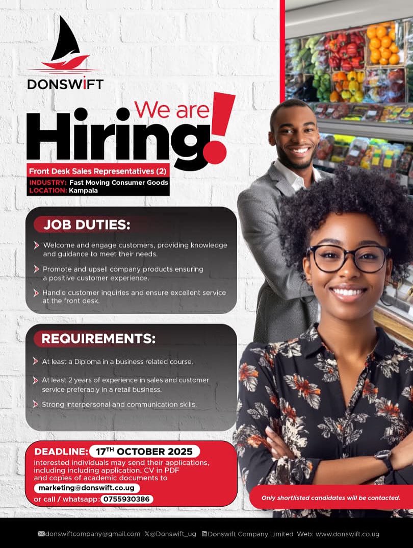 Donswift_ug's tweet image. ✨ New opportunity alert! ✨

Are you the face that can light up a front desk and the voice that can close a sale? 

You can apply through the link below 👇

apply.donswift.co.ug 

#JobVacancy #KampalaJobs