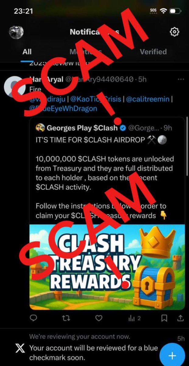 🚨There are many scams trying to impersonate <a href="/CryptosR_Us/">CryptosRus</a> or <a href="/GeorgePlayClash/">CLASH by CryptosRUs</a>  account.

This is the 'ONLY' OFFICIAL PAGE for $clash

🚨🚨*THERE ARE NO AIRDROPS*🚨🚨

1. DO NOT CONNECT YOUR WALLET TO ANYTHING POSTED ON X 🚨🚨

PLEASE $clash COMMUNITY WATCH OUT FOR SCAMS LIKE THIS