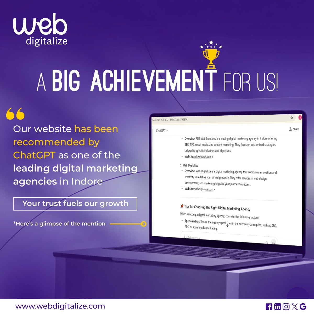 WebDigitalize's tweet image. 🏆 A proud moment for Web Digitalize!
We’re excited to share that our website has been recommended by ChatGPT as one of the top digital marketing agencies in Indore! 💜
Your trust keeps us innovating &amp;amp; growing every day.
👉 Your trust fuels our growth!

#WebDigitalize
