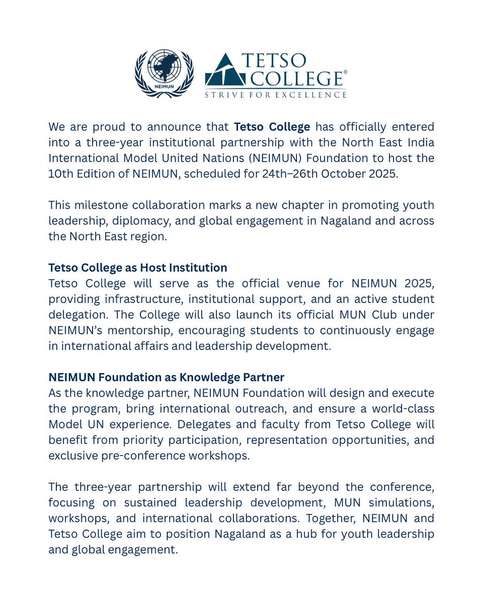 A new journey begins!
We’re thrilled to partner with Tetso College as our official Host Institution for the 10th Edition of NEIMUN 2025.

The conference is on 24th–26th October 2025 📍 Tetso College

#neimun2025 #Tetsocollege #mun #patnership