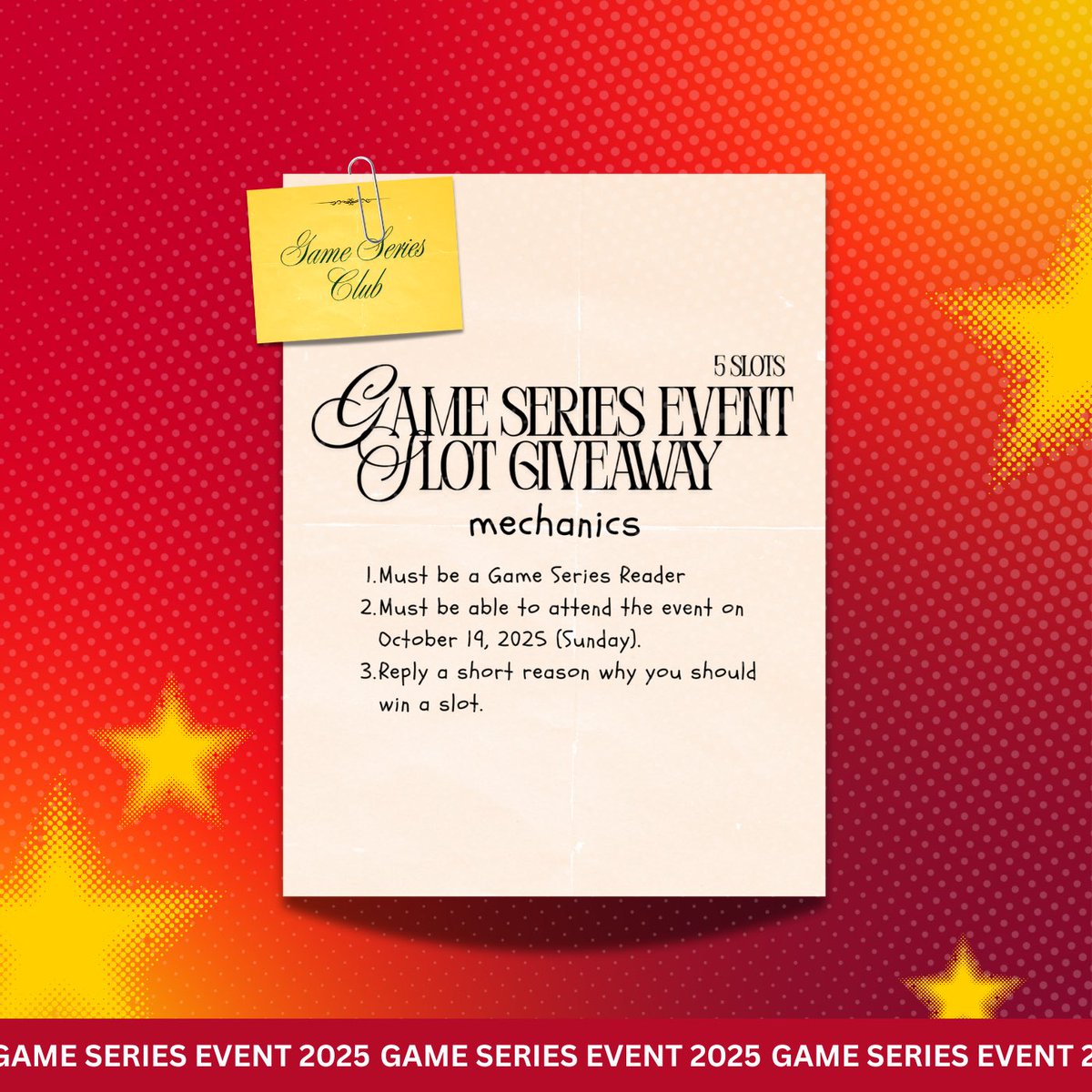 gameseriesevent's tweet photo. We’re giving away 5 event slots!

This giveaway wouldn’t be possible without the support of our generous sponsors.  Thank you! 

Follow the simple mechanics below and secure your chance to win!

Good luck! https://t.co/xi1DqlAcb4