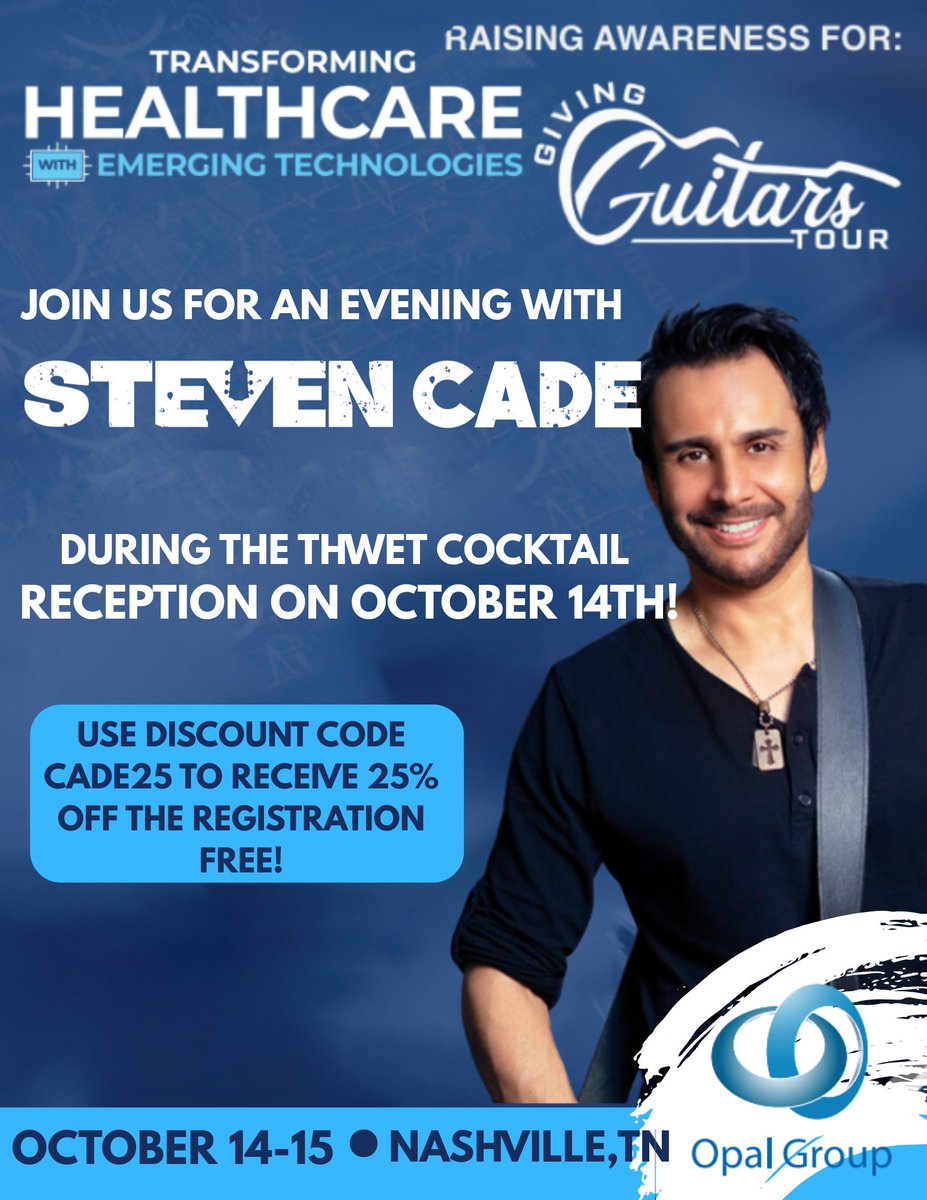 ✨Seats are filling fast!✨
Join me, Steven Cade, for an evening of live music at Transforming Healthcare with Emerging Technologies during the cocktail reception on October 14 in downtown Nashville. 
🎟️Register now with the QR code or view the full agenda here: