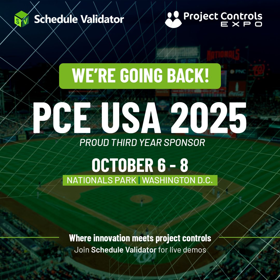 SchedValidate's tweet image. We’re back! ⚾️ Join us at Project Controls Expo USA 2025, Oct 6–8 at Nationals Park! Visit our booth! schedulevalidator.com #ScheduleValidator #PCEUSA