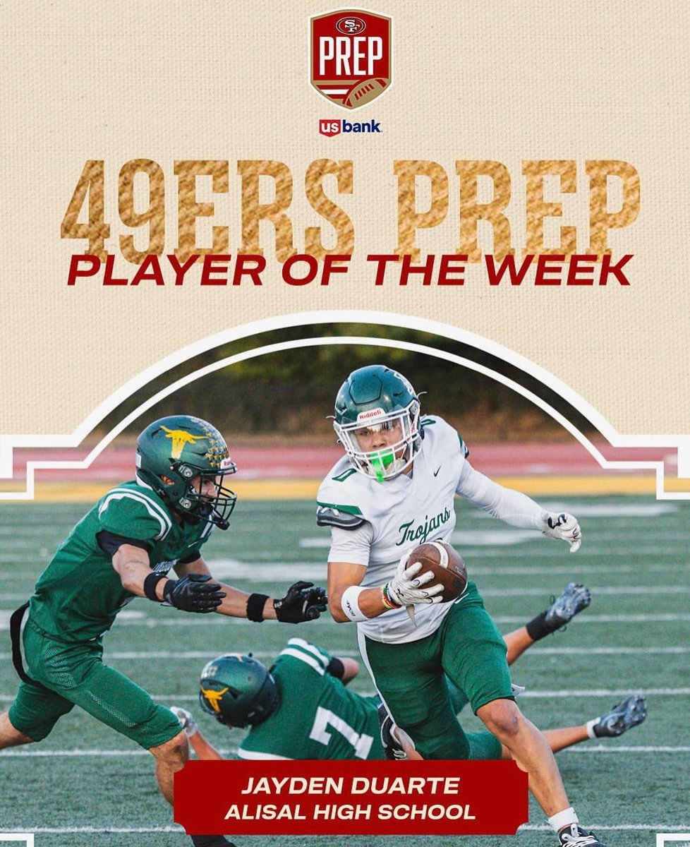 Congrats to Jayden Duarte @jaydenjduarte for being the <a href="/49ers/">San Francisco 49ers</a> Prep, Player of the Week. A true scholar-athlete that plays 🏈 and 🏀 for us at Alisal. Making the 93905 COMMUNITY and @suhsdofficial PROUD 💚🖤