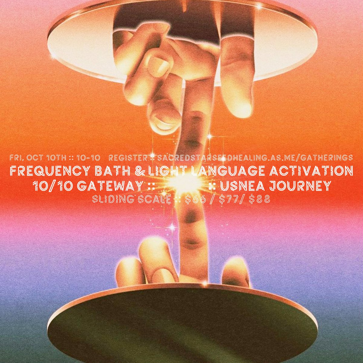 TheCosmicMssngr's tweet image. Frequency Bath & Light Language :: 10/10 gateway + Usnea Plant Spirit Journey
9 spaces :: Oct 10/10 :: 7p - 9p :: Doors at 6:30pm :: Sliding Scale $66/$77/$88 :: @ The Star Temple :: Victoria BC
Pack all your comfy everything
Join: sacredstarseedhealing.as.me/gatherings
#community #events