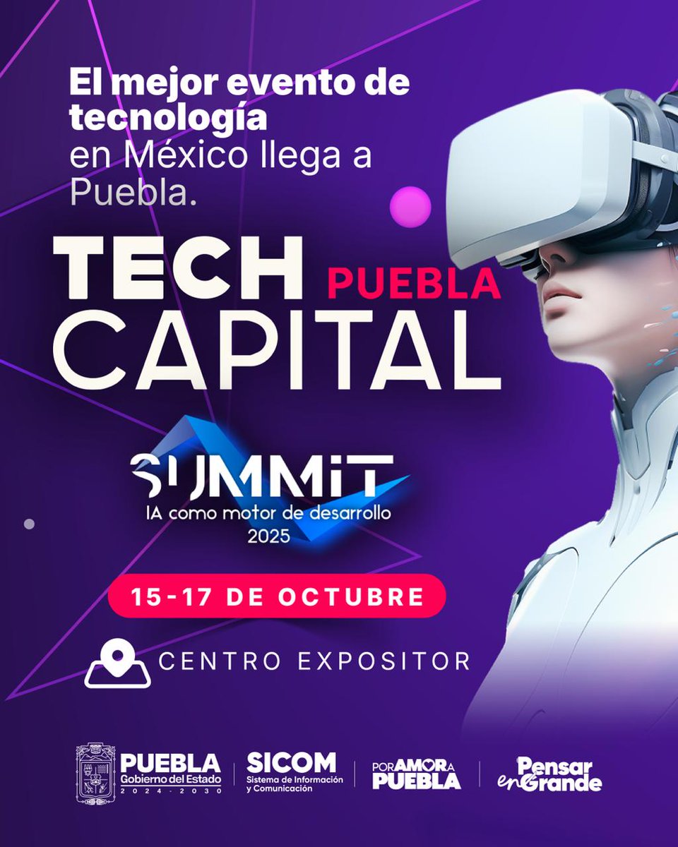 SICOMPue's tweet image. 🦾 ¡Puebla, capital tecnológica te invita! 🌐
Del 15 al 17 de octubre, el @CExpositorPue será sede del #TechCapital Puebla Summit 2025, un evento único en el país con:
🧶 1/2