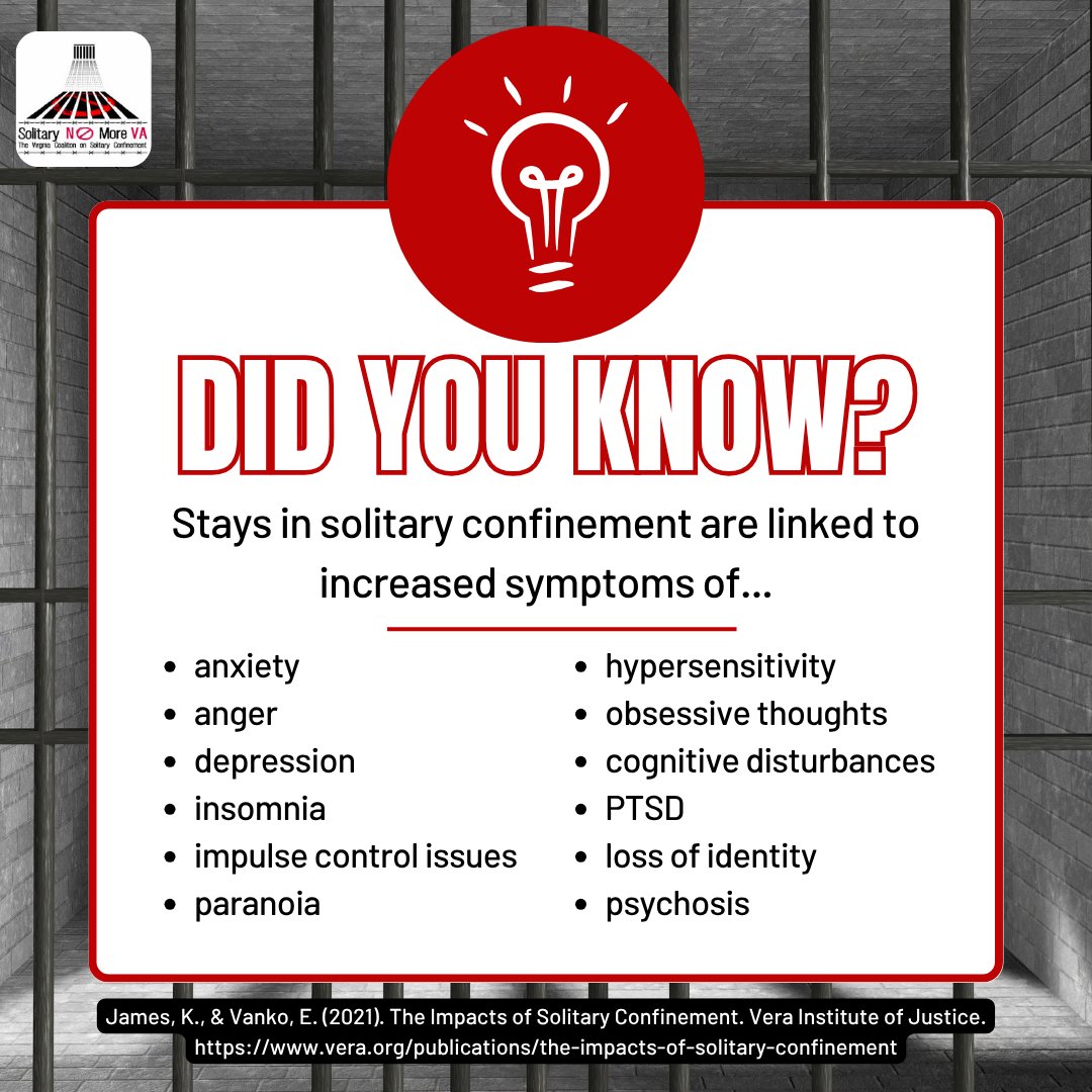 TorturefreeMD's tweet photo. Solitary confinement stays are linked to numerous symptoms, including anxiety, depression, insomnia, impulse control issues, PTSD, obsessive thoughts, and so much more.
#SolitaryNoMoreVA #TortureFreeMD #UnlocktheBox #IAHRDC #NRCAT #PrisonReform #SolitaryConfinementIsTorture https://t.co/XRJZrYiPvI