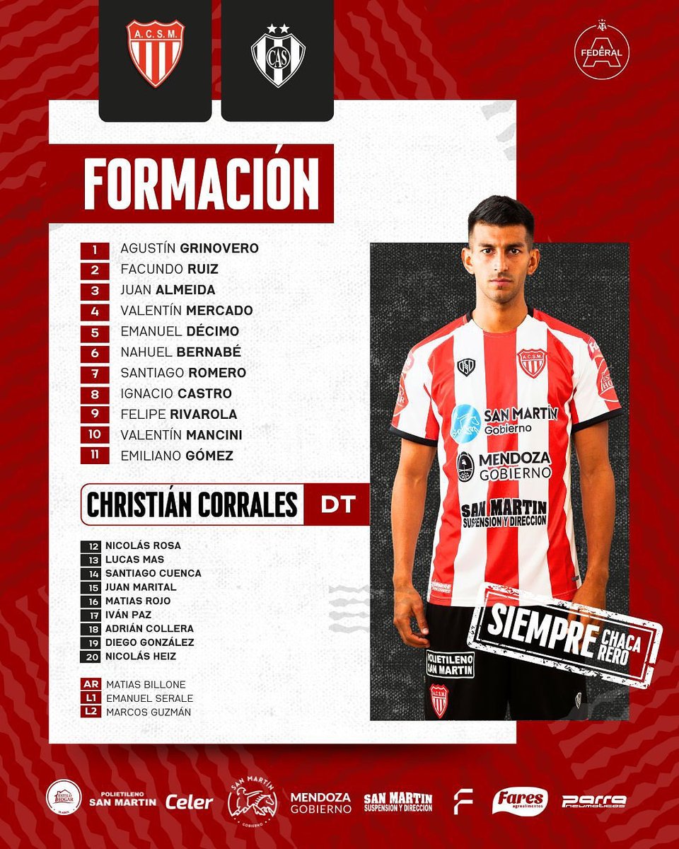 acsmmza's tweet photo. ✅ ¡𝗢𝗡𝗖𝗘 𝗜𝗡𝗜𝗖𝗜𝗔𝗟 𝗖𝗢𝗡𝗙𝗜𝗥𝗠𝗔𝗗𝗢! 

👉 Estos son los elegidos por Christian Corrales para recibir a Sarmiento de La Banda, a partir de las 21:30hs. 

🦁 ¡𝗩𝗮𝗺𝗼𝘀 𝗰𝗼𝗻 𝘁𝗼𝗱𝗼!

#SiempreChacarero 🇦🇹 https://t.co/i7wlrgp3h0