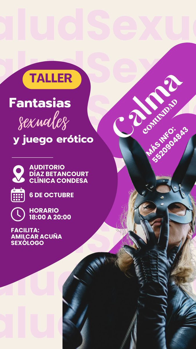 El erotismo es un elemento esencial de la salud sexual de todas las personas, participa en este taller con expertos que brindarán elementos para vivir la sexualidad de una forma segura.

📍Auditorio Clínica Especializada Condesa
⏰ 18 h
📆 Lunes 06
➡️ Entrada gratuita