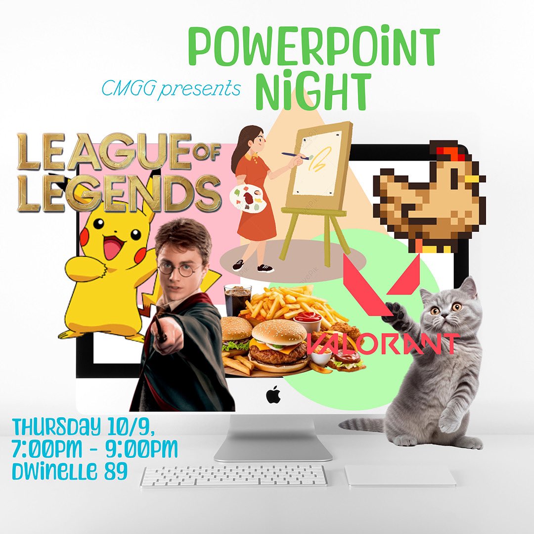 CMGG PowerPoint Night is back! Prep a presentation about your favorite topic - no matter how niche.

Don’t have a presentation? No worries, just sit back and enjoy!

📆 Thursday, October 9th
🕖 7:00 - 9:00pm
📍 Dwinelle 89