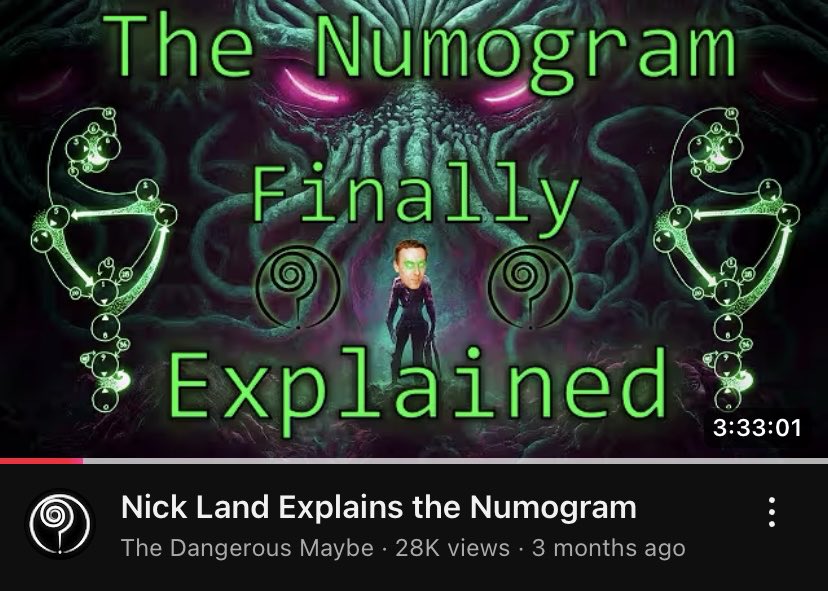 Here’s the interview Nance and I did with Nick Land about Numogram that was mentioned on Tucker Carlson today. 

youtu.be/URWFdmLRt0U?si…