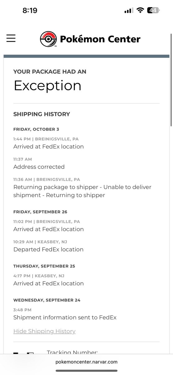2brotherscards_'s tweet photo. Has this ever happened to anyone. My pokémon center order was returned to sender mid transit. Address is correct but could anyone know what a reason for this would be. This is what the tracking says. 

@CardPurchaser @PokemonCenterUS https://t.co/TwSO8D0IPZ