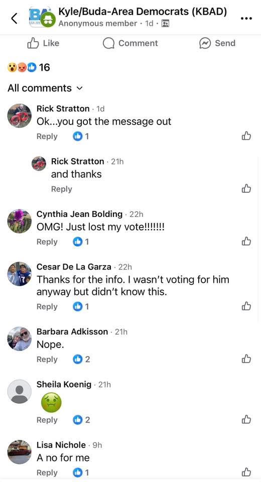 kylevell's tweet image. Take a look at the offensive comments made by members of the Kyle Buda Area Democrats (KBAD). Instead of focusing on ideas and solutions to improve our city, they chose to attack me personally. They reduce me to just a “person of color” rather than recognizing me as a human being…