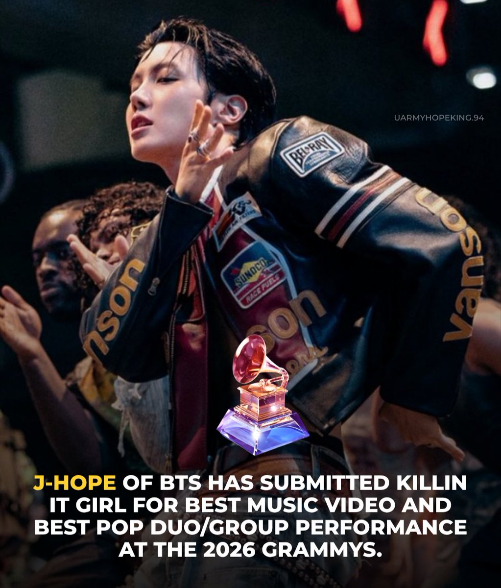 "Killin’ It Girl (feat GloRilla)" by j-hope has been submitted to the Grammys for “Best Music Video” and “Best Pop Duo/Group Performance” categorys!

• Pop Duo/Group Performance
• Best Music Video

#jhope #제이홉 #jhope_KillinItGirl