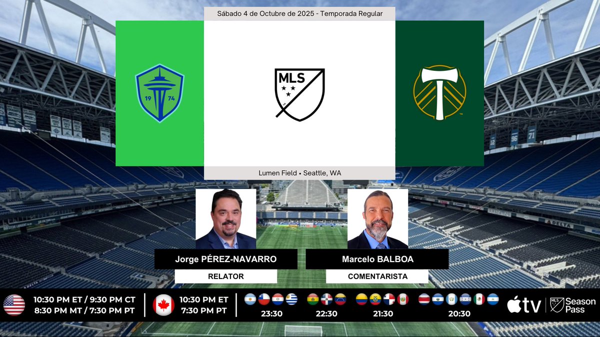 ProgramacionUS's tweet image. ⚽️ #MLS 🇺🇸 | #SeattleSounders vs. #PortlandTimbers

🎙Relator: @jpereznavarro
🎙Comentarista: @marcelobalboa17
💻📱MLS Season Pass en @AppleTV

#️⃣ #MLSSeasonPass - #SEAvPOR