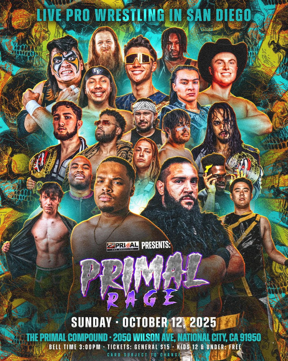 🔥 PRIMAL RAGE – OCTOBER 12 🔥
The road to TerrorDome continues with another STACKED lineup featuring your favorite Primal Pro stars! 💥

📅 Sunday, Oct 12, 2025
📍 The Primal Compound – 2050 Wilson Ave, National City, CA
⏰ Bell Time: 3PM
🎟️ $15 | Kids 12 &amp; under FREE