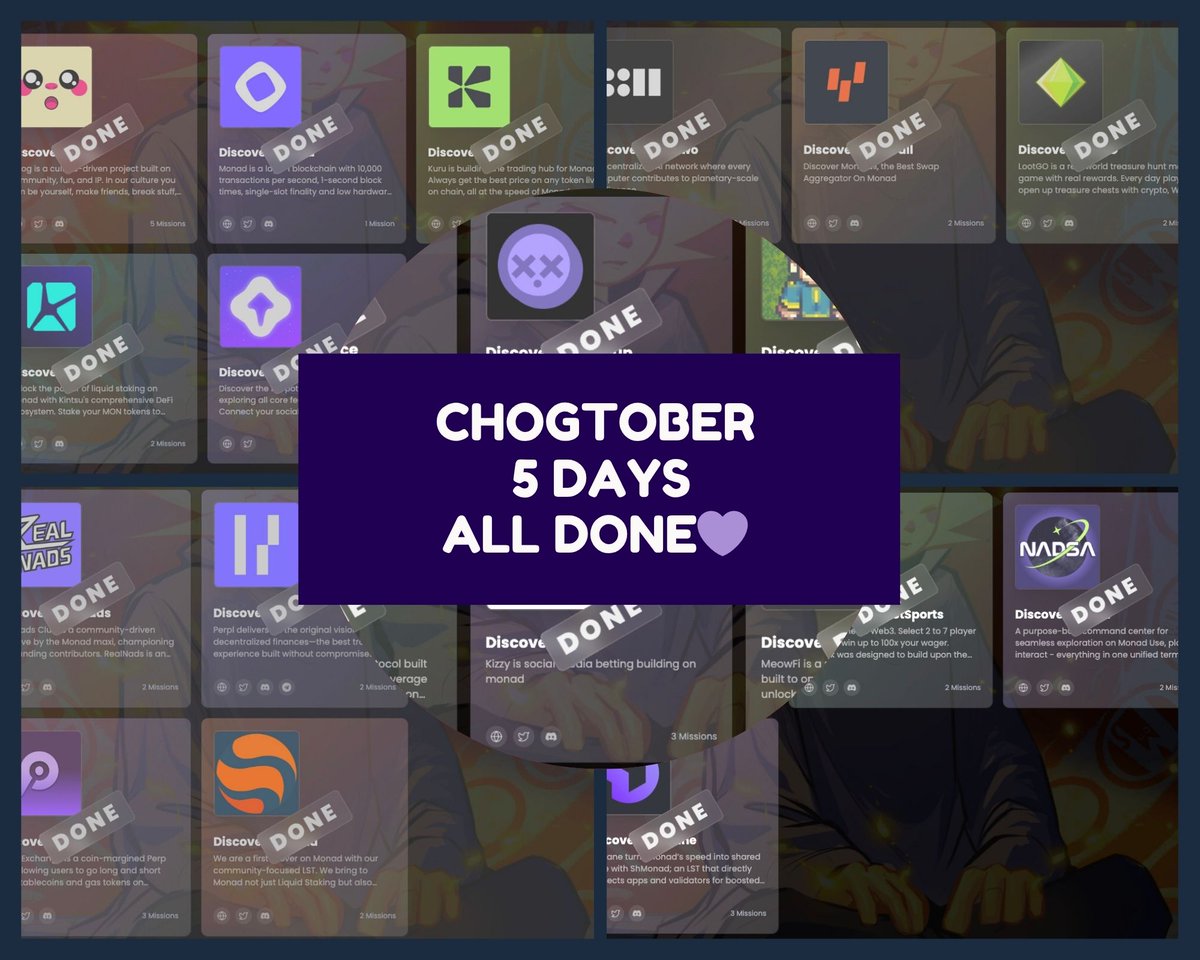 All done💜
Just finished all the tasks from Chogtober, the 5-day  event! 
Every dApp was impressive and the experience was a blast💜💜
Huge respect &amp; thanks to the devs!
#Chogtober
<a href="/monad_xyz/">Monad</a> <a href="/japanads_/">Japanad_ (mainnet arc)</a> <a href="/ChogNFT/">Chog (mainnet arc)</a>