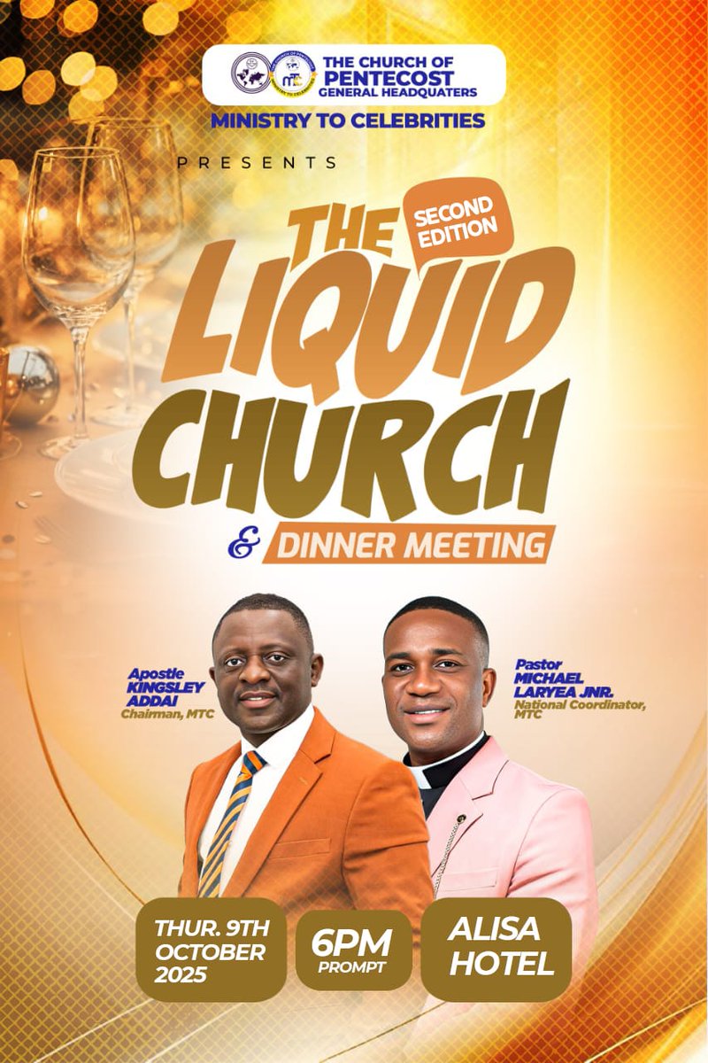 📷📷 Hurry!!! The wait is over… It’s the Second Edition of The Liquid Church &amp; Dinner Meeting 📷📷

📷 Date: Thursday, 9th October 2025
📷 Time: 6:00 PM Sharp
📷 Venue: Alisa Hotel
Come expectant, come ready, come thirsty for a fresh encounter.
