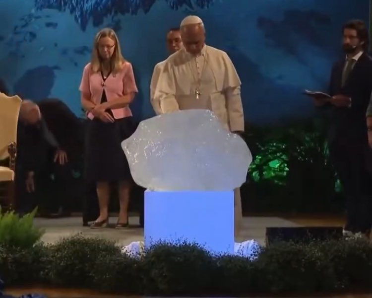 The pope thinks he’s blessing a piece of ice in the name of climate change. 
You think it’s silly and then you put a cone shaped tree in your house and take your kids to see Santa Claus who flies with reindeer. All in the name of Christ

Go figure