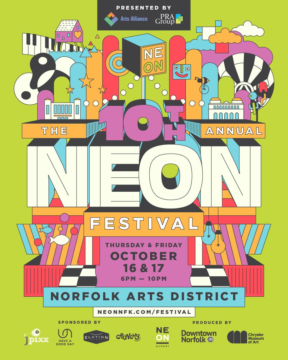 After a year away, NEON Fest returned in 2021 with mural tours, Glass After Dark, the 757 Street Art Battle, and live music across the district. That comeback spirit is what we’ll celebrate again at the 10th Annual NEON Festival on Oct 16-17.

Details: neonnfk.com/neon-festival