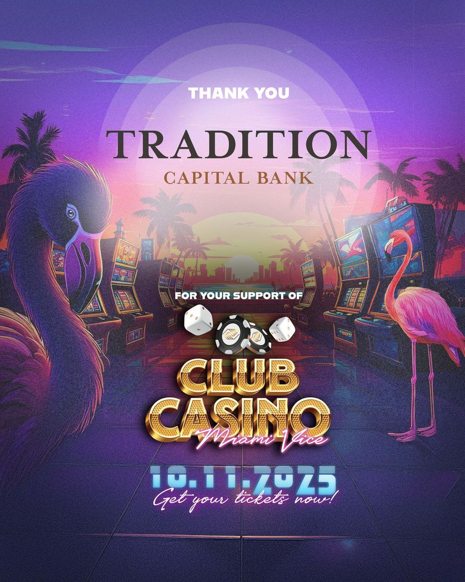 🍸💙 A huge THANK YOU to our friends at Tradition Capital Bank for keeping spirits high at Club Casino: Miami Vice!

#ClubCasino #MiamiVice #ThankYou #CommunityPartners #GreatFutures