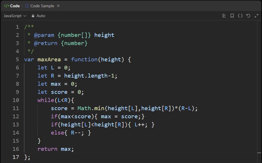 DevGod9's tweet image. #LeetCode 11, Container With Most Water, just using a two pointer approach to find the &apos;area&apos; of the largest rectangle container of water you can form by selecting the two best lines. #JS #TwoPointer #Greedy