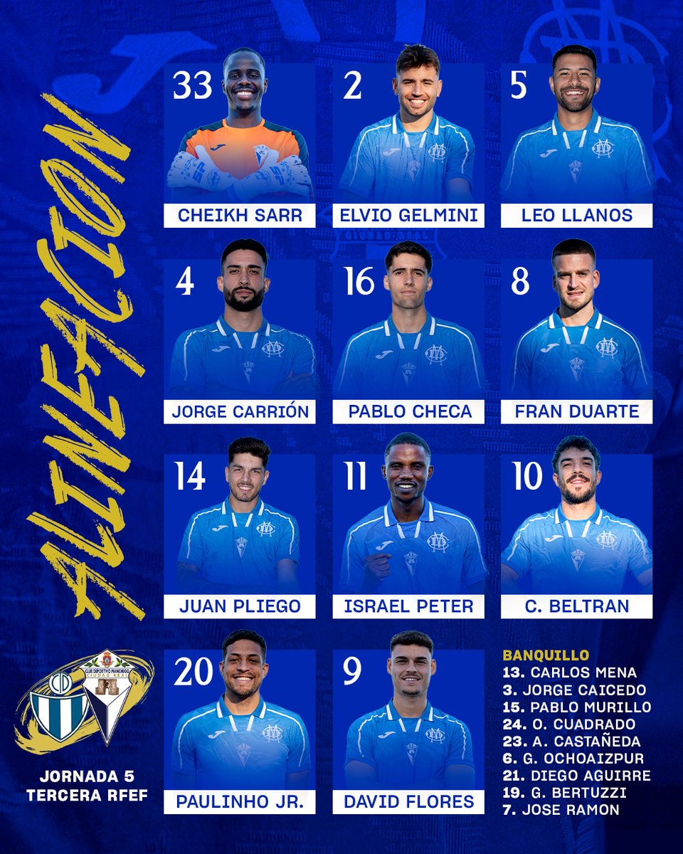 🔵 ALINEACIÓN ⚪️

🆚 <a href="/CDTarancon/">CD Tarancón</a> 
🗓 Sábado 4/10
⏰ 17:00h
🏟 Estadio Municipal de Tarancón
🏆 Tercera RFEF - Grupo XVIII

#SomosCLM #FútbolCLM #CiudadReal #Mancheguistas

<a href="/FFCM_es/">FFCM</a> <a href="/rfef/">RFEF</a>

#AupaManchego 💙🤍