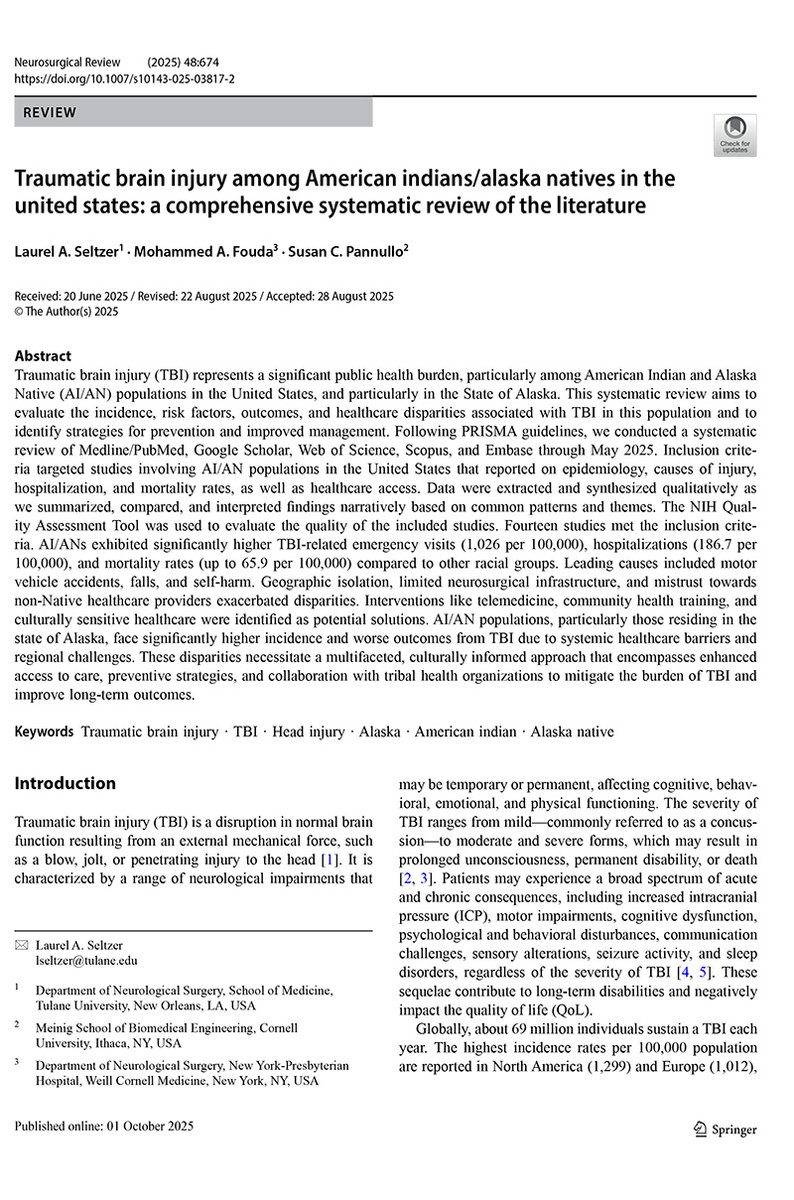 American Indians &amp; Alaska Natives face disproportionate TBI burden. Congrats to <a href="/LaurelSeltzer/">Laurel Seltzer</a>  (<a href="/Tulane/">Tulane University</a>) &amp; <a href="/MohammedfoudaMD/">Mohammed Fouda, MD</a> (<a href="/WeillCornell/">Weill Cornell Medicine</a>)  on this study. Thanks <a href="/CornellAnthro/">Cornell Anthropology</a>  for inspiring me to expand my work as neurosurgeon, neurologist &amp; educator. bit.ly/46DgsPi
