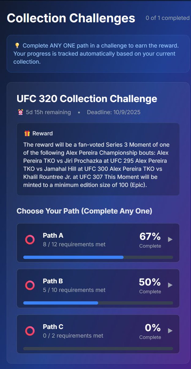StrikeTrackerX's tweet photo. 🥊 New on https://t.co/bkBwbXAEl7

See your UFC Collection Challenge progress 🔥

✅ Shows how many Moments you’ve got in each path
✅ Helps you pick which path to finish
✅ No more guessing or spreadsheets
Check it → https://t.co/Cvc6VlRY4x
#UFCStrike #NFT #StrikeTracker https://t.co/4ieKfusVXG