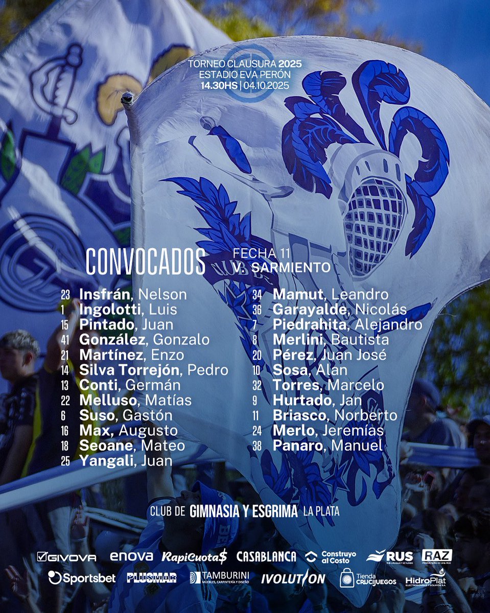 Julián Barbetti (@barbettijulian) on Twitter photo #CGE #GELP Los concentrados de Gimnasia para visitar a Sarmiento. 
➡️ Vuelven: G.González, E Martínez, Mamut y A.Sosa
⬅️ Salieron: Corbalán, Di Biasi, Giampaoli y Lomónaco. 
Probable 11: Insfran; Pintado, Conti, Suso, Silva T; Max, Yangali, Piedrahita, Merlini, Panaro; Torres #CGE #GELP Los concentrados de Gimnasia para visitar a Sarmiento. 
➡️ Vuelven: G.González, E Martínez, Mamut y A.Sosa
⬅️ Salieron: Corbalán, Di Biasi, Giampaoli y Lomónaco. 
Probable 11: Insfran; Pintado, Conti, Suso, Silva T; Max, Yangali, Piedrahita, Merlini, Panaro; Torres