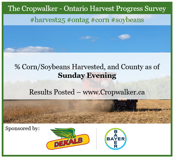 Cropwalker Harvest Progress Survey –The only thing drier than Jonathan’s sense of humor is the soybeans at 2pm. Please post percentage of corn and soybean harvested and county below.

Harvest maps posted mid week.

RT’s appreciated.