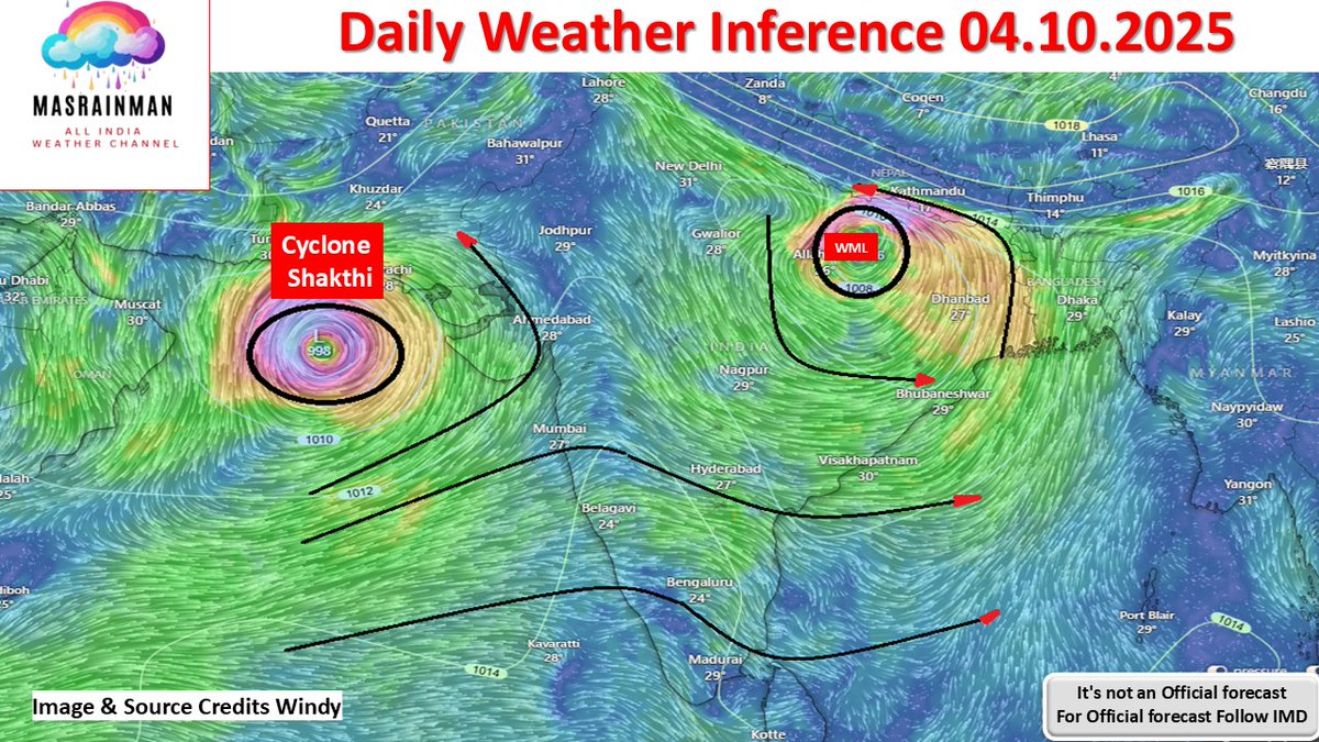 MasRainman's tweet photo. Daily Weather Inference 04.10.2025
Another Day of Widespread Thunderstorms Expected in Tamilnadu Including Chennai and Suburbs AP & Isolated Places in Telangana SI Karnataka including Bengaluru.Heavy Rains likely in Bihar and Himlayan Slopes as LPA moves in. #CycloneShakthi will intenseify into Sever Cyclone as it moves initially W/NW once WD Comes in it will be weaken and will remain in Arabian ocean.
For more in details
Watch Tamil Video update: https://t.co/46UKB2dkLQ