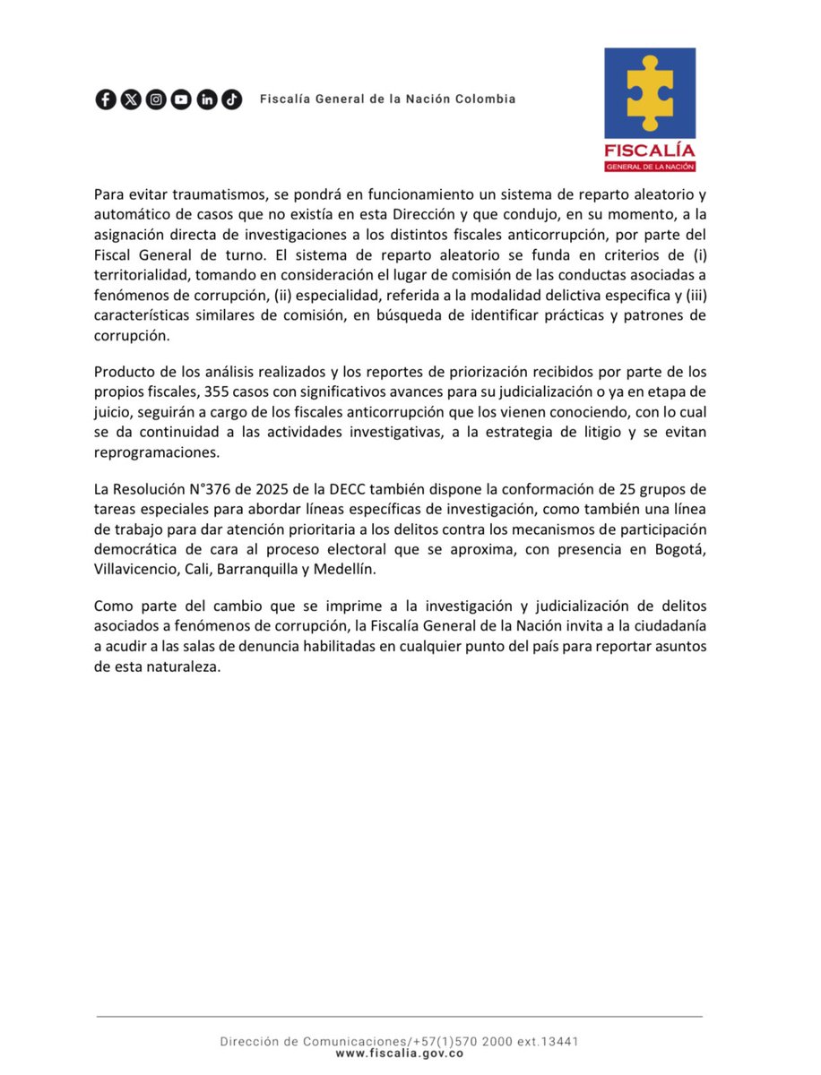 La Dirección Especializada contra la Corrupción de la #Fiscalía se reorganiza. Ahora sus fiscales estarán en los territorios, atendiendo de primera mano los delitos contra la administración pública y los mecanismos de participación democrática, y entendiendo las dinámicas