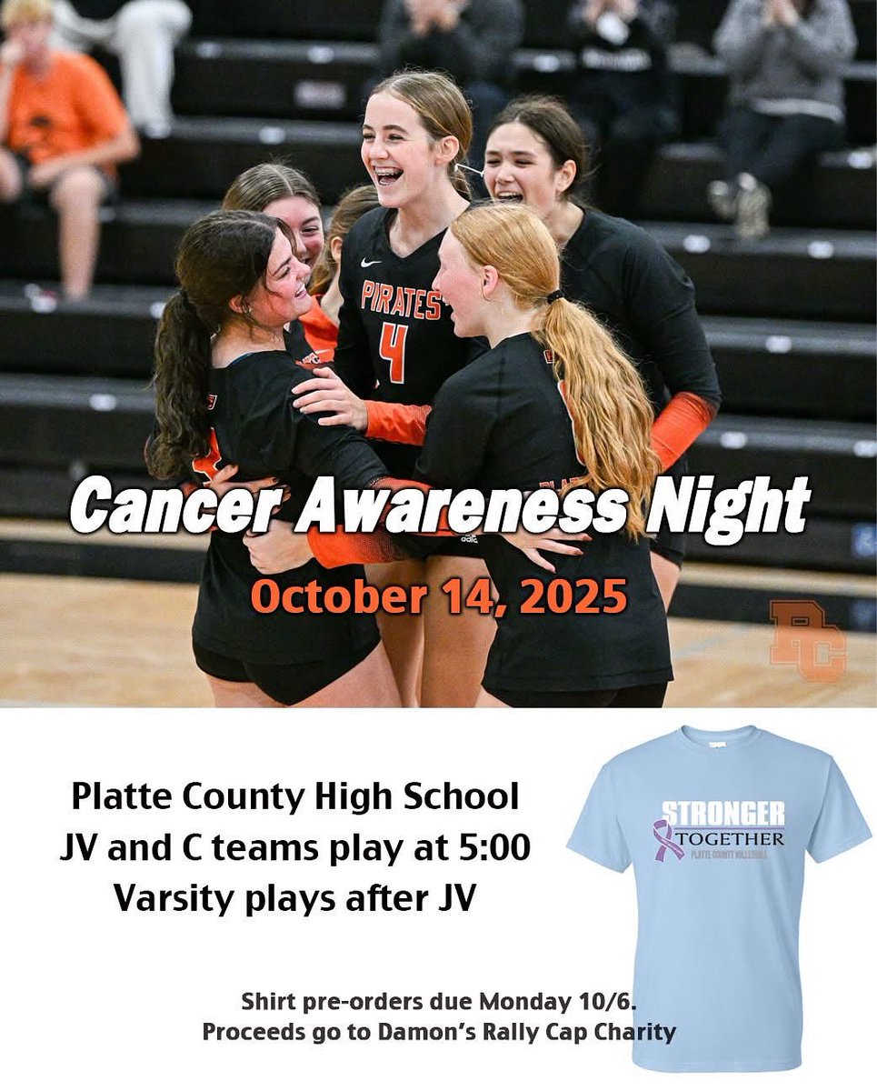 Come and support Platte County Volleyball and Damon's Rally Cap in one night! Visit our website to donate and to pre-order the charity match t-shirt! We will also have a 50/50 raffle at the game! 🏐🎗️

damonsrallycap.com/charityvballga…