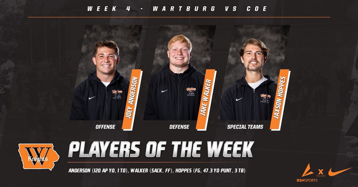 Congratulations to our week 4 players of the game vs Coe! Back on the road to Decorah tomorrow, see you there! #RivalryWeek
