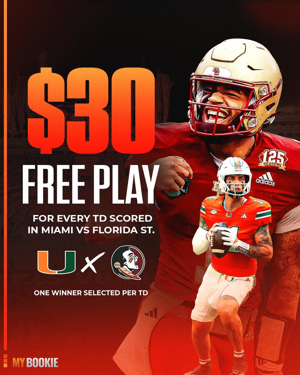 MyBookie's tweet photo. One of the biggest games of the year deserves a free play contest!

Every TD in Miami v Florida State we will award a $30 free play!

How to enter ⤵️

1. Must be FOLLOWING @MyBookie 
2. Must LIKE + RT this post
3. Reply with an FSU or Miami gif and your winner ✅✅✅ https://t.co/3D5hN7d5DB