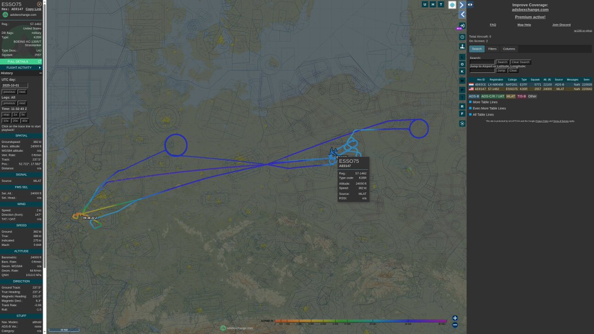 steffanwatkins's tweet photo. More interesting to me, because they didn't mention it, they were refuelled by 🇺🇸 #USAF KC-135R 57-1462 #AE0147 call sign #ESSO75 at 24,000 feet, which was using positionless Mode-S, not ADS-B Out.

We still see you bruh, multilateration is a thing.
https://t.co/Jwz8ZZOPvn https://t.co/CaYmQGap7s