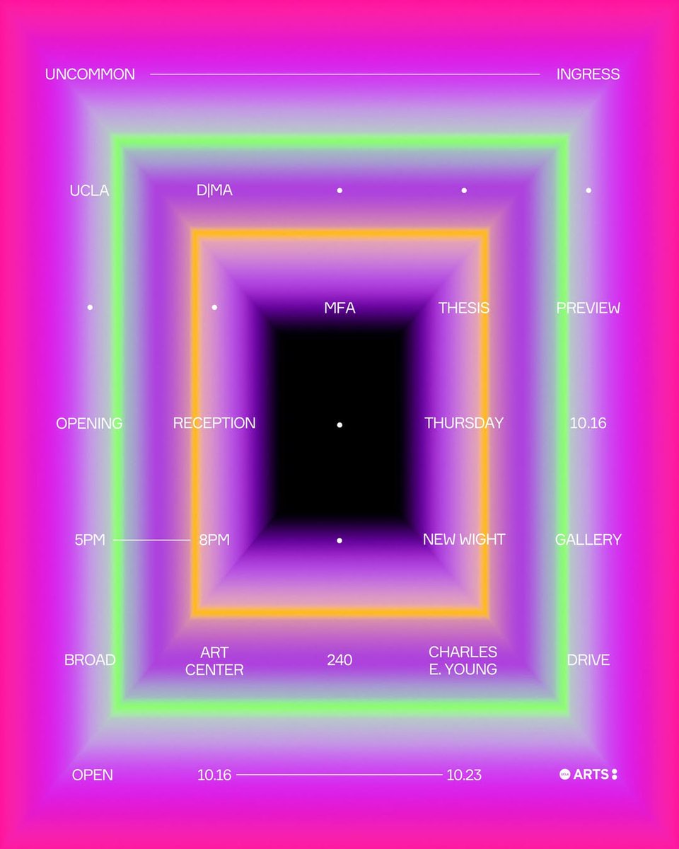 You’re invited to UNCOMMON INGRESS, an exhibit by the UCLA Design Media Arts MFA 2026 cohort.
📍 New Wight Gallery, UCLA
🗓 Opening: Thurs Oct 16, 5–8 PM | Runs Oct 16–23
🍷 Free + open to the public, with food &amp; drinks.
👁️ uncommoningress.cargo.site