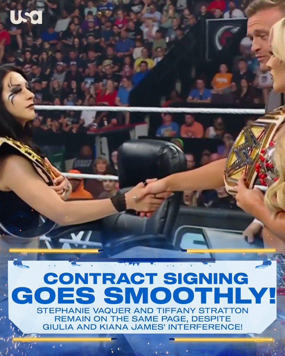 USANetwork's tweet image. Congratulations, @tiffstrattonwwe and @Steph_Vaquer for not fighting each other during this contract signing! Rarely happens! #SmackDown