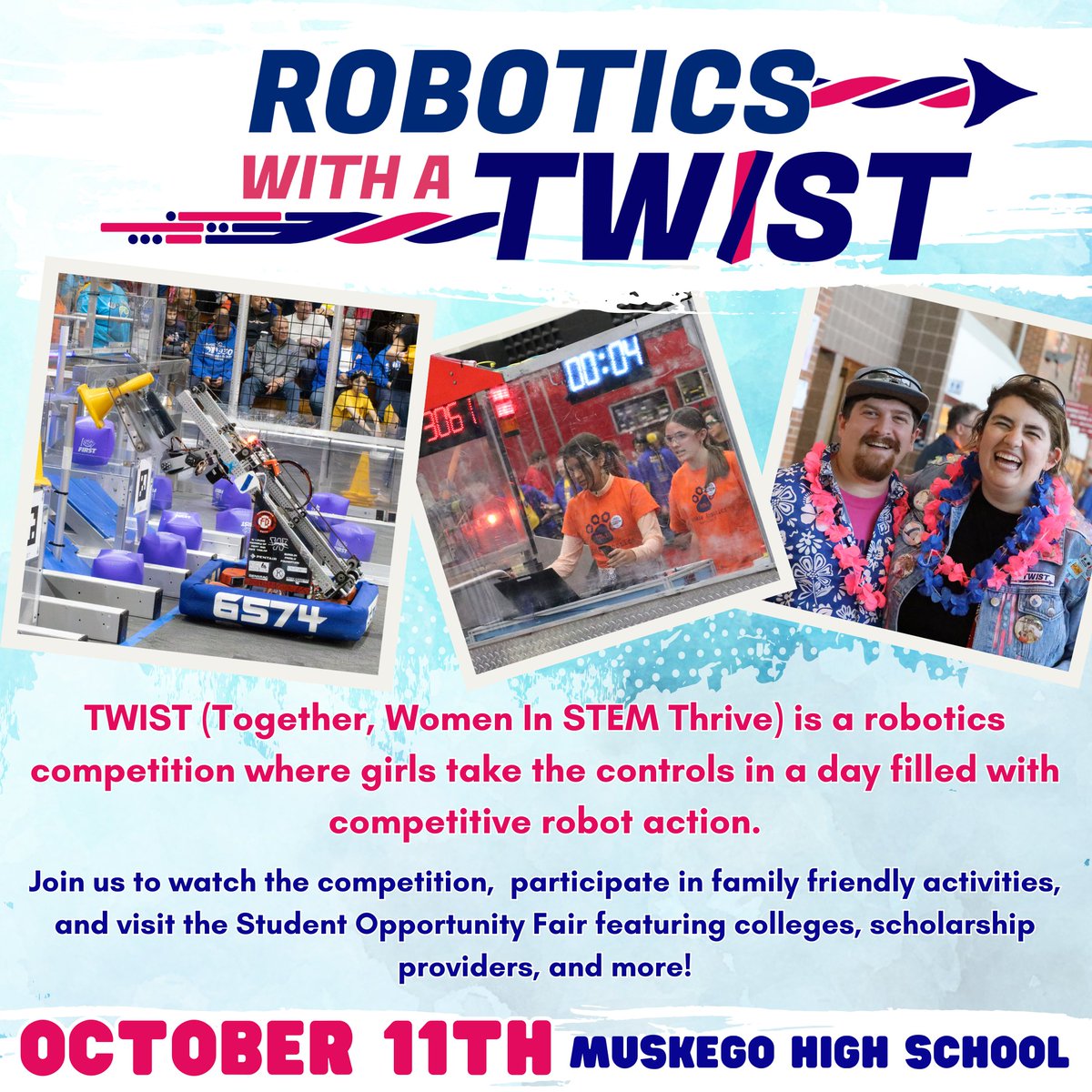 TWIST is 1 week away! Come stop by and watch some fun robot action! Free to public, matches are from 9am-6pm.
<a href="/Generac/">Generac</a> <a href="/TwistBioscience/">Twist Bioscience</a> <a href="/MuskegoNorwaySc/">Muskego-Norway Schools</a> <a href="/MNSDIrvine/">Todd Irvine</a> #FIRST #TWIST #FRC #womeninSTEM #cometotwist