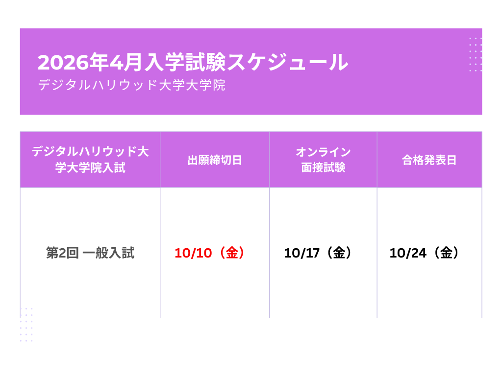 【📣10/10（金） 締切間近！ 】
 第2回一般入試の出願締切は 10/10（金）となっております。 出願を検討されている方は、まずはオンライン説明会にご参加ください！ 
💻オンライン説明会申込はこちら↓ gs.dhw.ac.jp/opencampus/set…