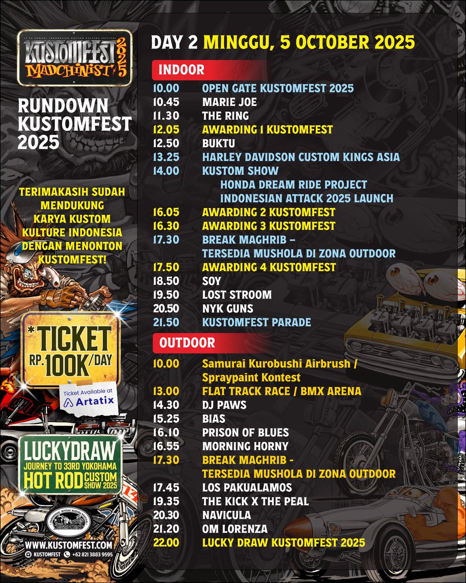 KUSTOMFEST 2025 – MADCHINIST
14th Annual Indonesian Kustom Kulture Fest

📅 4–5 Okt 2025
🕙 10.00–22.00 WIB
📍 Jogja Expo Center
🎟️ HTM 100K/day

LUCKY DRAW : JOURNEY TO 33RD YOKOHAMA HOT ROD CUSTOM SHOW 2025 – JAPAN 🇯🇵
#KUSTOMFEST2025! 🚀