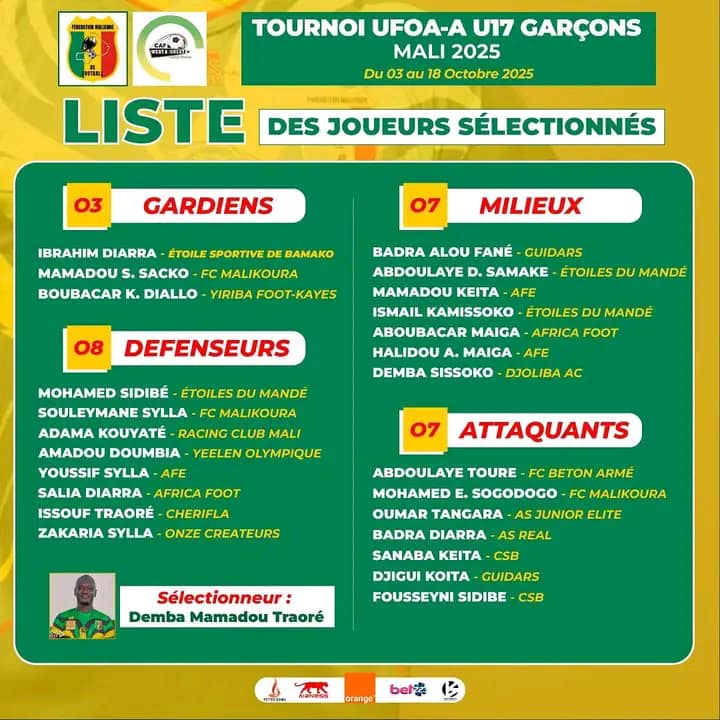 papi_sow2's tweet image. The #Mali #U17 national team roster for the #WAFU-A U17 (UFOA-A U17) competition begins this Sunday, October 5, 2025, in Bamako, Mali. 

Good luck to the young players 

#Mali #UFOAAU17 #WAFUA #FIFA #CANU17 #Scout #scouting #caf #africa #team