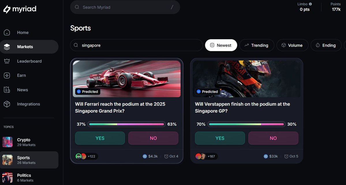 🏎️ F1 SingaporeWEEKEND INCOMING 🏎️

this is my bets :
 - Ferrari is going be top 3 at the end of that race 🥉
- Verstappen WILL be on the podium 🏆

If you want to take a shot at this too, 
head over to <a href="/MyriadMarkets/">MYRIAD</a>, test your luck and your guts !!