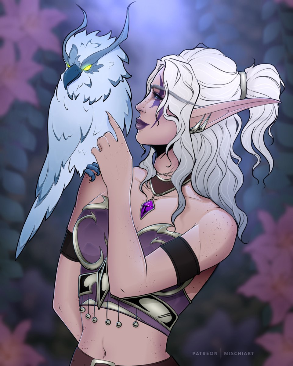 🍃🌸 The ever-lovely kaldorei Nahadris and her owl companion, Dris'dora.  For Aini!