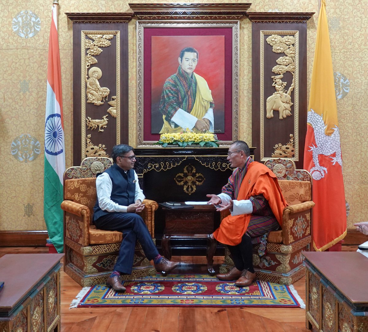 tsheringtobgay's tweet image. I was pleased to meet H.E. Shri Vikram Misri, Foreign Secretary of the Government of India, yesterday. We discussed a range of mutual interests, including connectivity, hydropower, people-to-people relations, and trade and commerce between Bhutan and India.