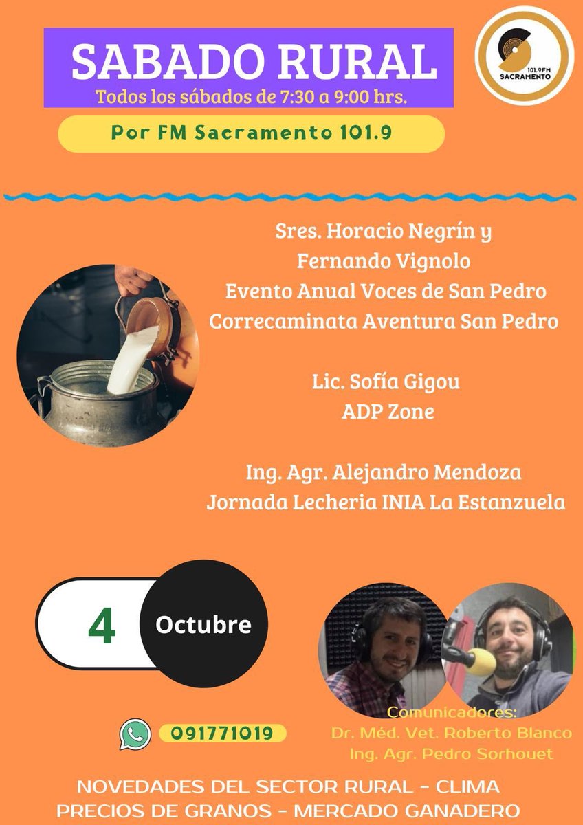 Mañana otro #SabadoRural más por #SacramentoFM 101.9

⏰ 7:30 a 9:00 hs
📻 101.9 FM 

Vía 📱 ó  💻   👇🏻

Podes escucharnos en Sacramento FM en el 101.9 o a través de: ro.com.uy/sacramento-fm-… o radios.com.uy/sacramento-col…