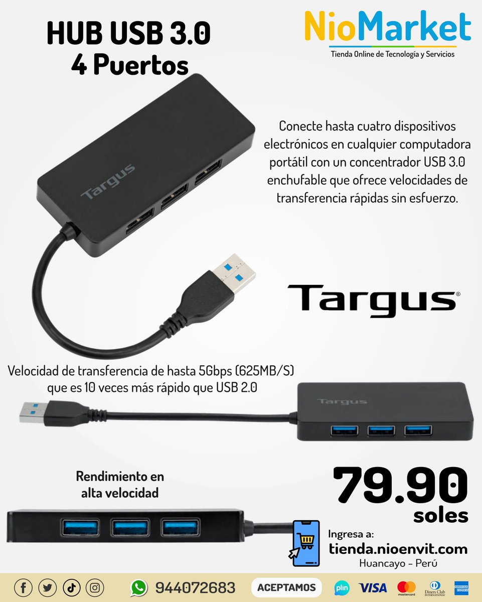 NioenviT's tweet image. ¡Hub USB 3.0 4 puertos - Targus! 🎥✨
🚚 Envío Gratuito a Huancayo y Tambo*
🚚 Envío a todo Junín por Shalom
📲 Cómo pedir?
👉 Envía un mensaje a nuestro WhatsApp o en nuestra tienda Online ➡ tienda.nioenvit.com/10-tecnologia
#Hubusb #usb3 #Huancayo #Junin #Eltambo #tecnologia