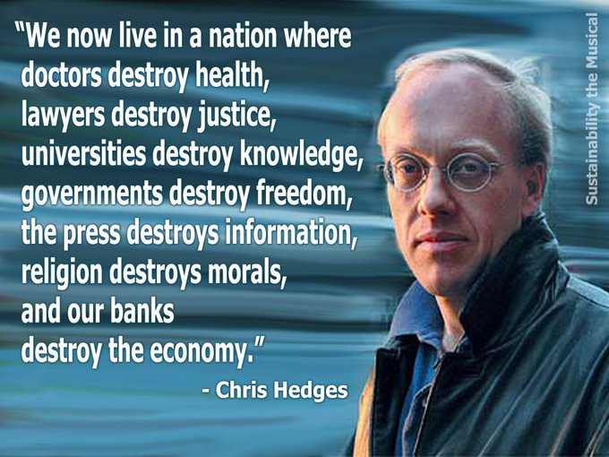 A photo of Chris Hedges, a man with short gray hair and glasses, wearing a dark jacket over a blue shirt. Text overlay reads, "We now live in a nation where doctors destroy health, lawyers destroy justice, universities destroy knowledge, governments destroy freedom, the press destroys information, religion destroys morals, and our banks destroy the economy. - Chris Hedges." A watermark from Sustainability the Music is visible.