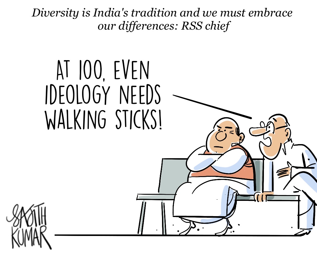 sajithkumar's tweet image. #RSSAt100 cartoon @DeccanHerald